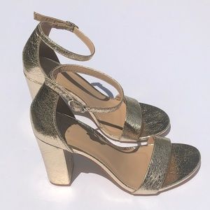 Gold Foil Block Heel Sandal Ankle Strap 6.5